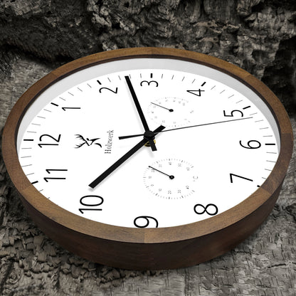 Holzwerk WEGBERG Designer Holz Quarz Wanduhr ohne Tick-Geräusche, 30 cm Durchmesser in braun weiß, Seitenansicht links
