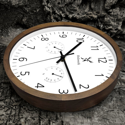 Holzwerk WEGBERG Designer Holz Quarz Wanduhr ohne Tick-Geräusche, 30 cm Durchmesser in braun weiß, Seitenansicht rechts

