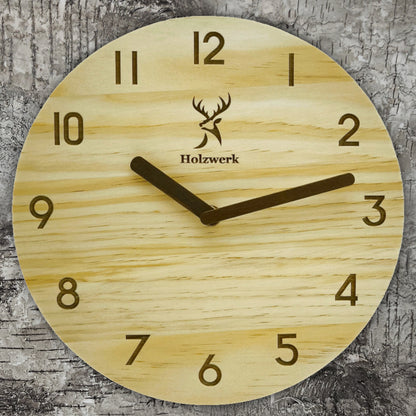 Holzwerk WEILBURG Designer Holz Wanduhr ohne Tick-Geräusche, Moderne Loft Stil Quarz Wand Uhr, 25 cm Durchmesser, beige, braun, von Vorne