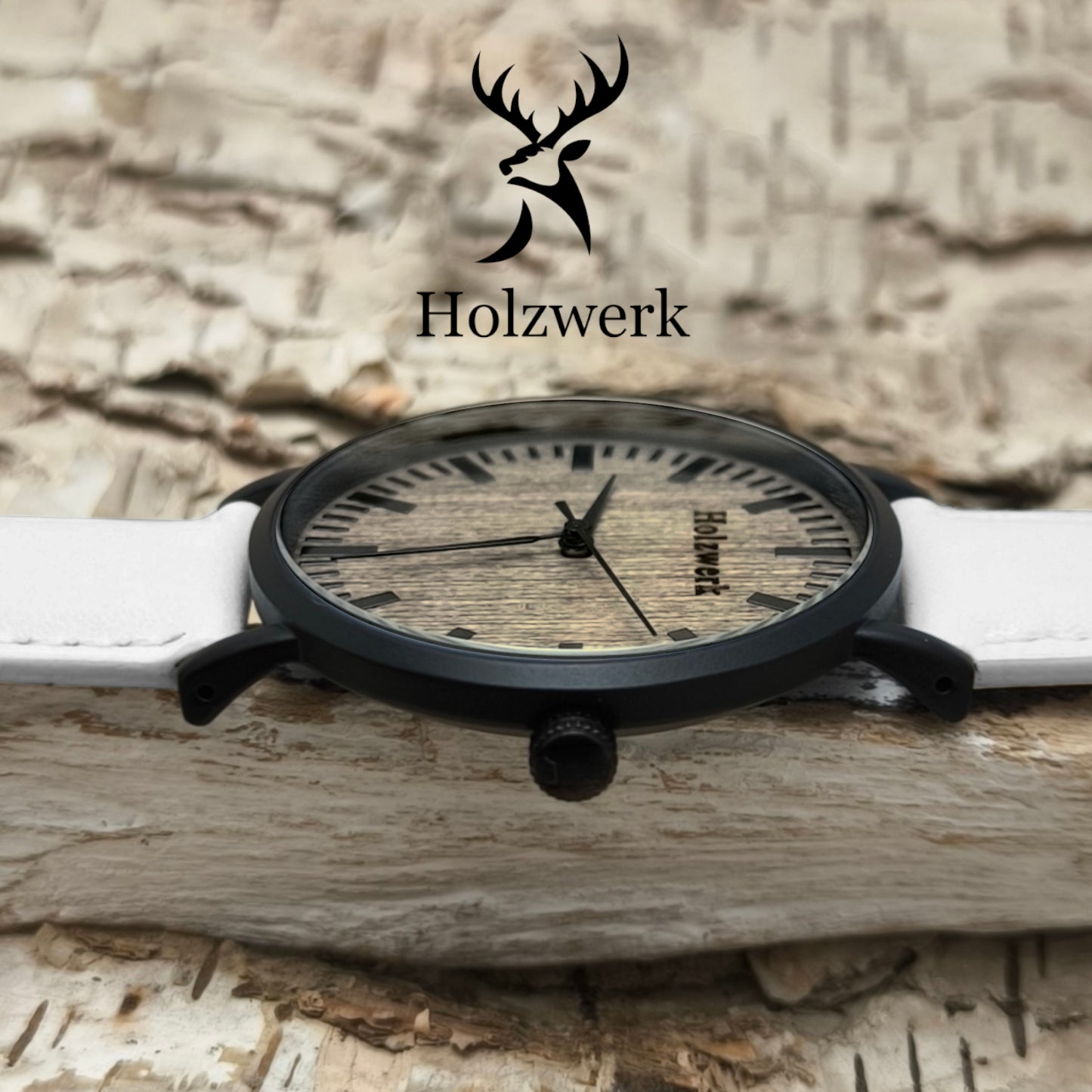 Holzwerk WESEL Damen & Herren flache Leder & Holz Uhr, weiß, schwarz, seitlich liegend