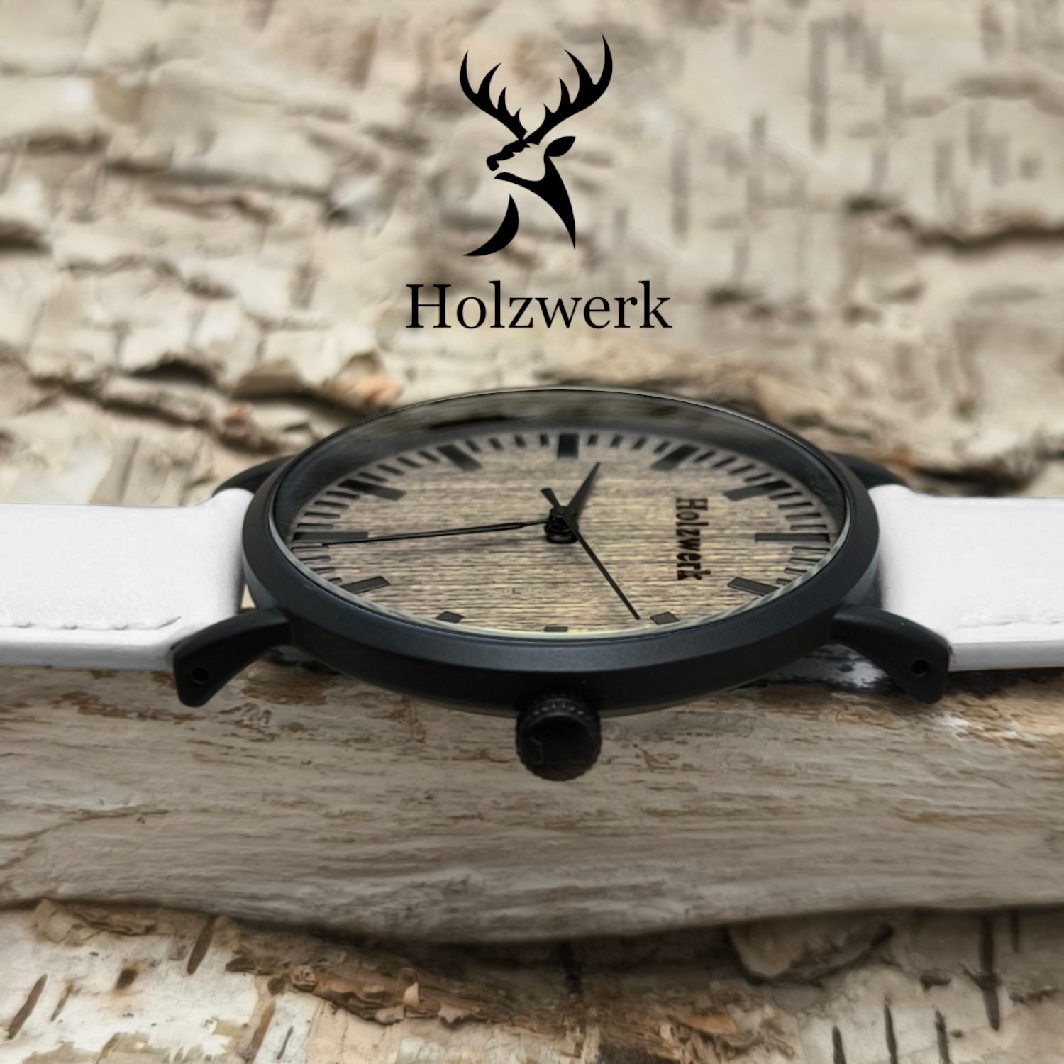 Holzwerk WESEL Damen & Herren flache Leder & Holz Uhr, weiß, schwarz, seitlich liegend