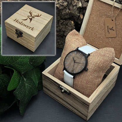 Holzwerk WESEL Damen & Herren flache Leder & Holz Uhr, weiß, schwarz, Uhrenbox