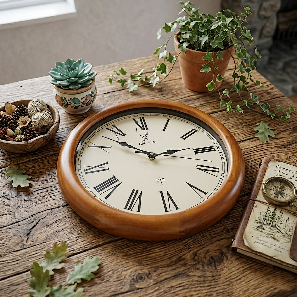 Holzwerk WILDBERG (FUNK) 35 cm robuste Holz-Funk Wanduhr in Beige und Braun aus Vollholz, schräge Untersicht auf Holz