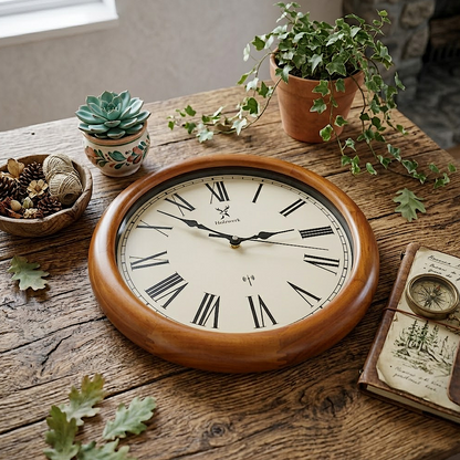 Holzwerk WILDBERG (FUNK) 35 cm robuste Holz-Funk Wanduhr in Beige und Braun aus Vollholz, schräge Untersicht auf Holz
