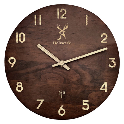 Holzwerk WINTERBERG  Holz Funkwanduhr, moderne Designer Quarz Wanduhr, 25 cm Holz Funk Wand Uhr lautlos ohne Tick Geräusche, braun, beige, Hauptbild