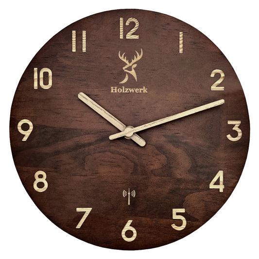 Holzwerk WINTERBERG  Holz Funkwanduhr, moderne Designer Quarz Wanduhr, 25 cm Holz Funk Wand Uhr lautlos ohne Tick Geräusche, braun, beige, Hauptbild