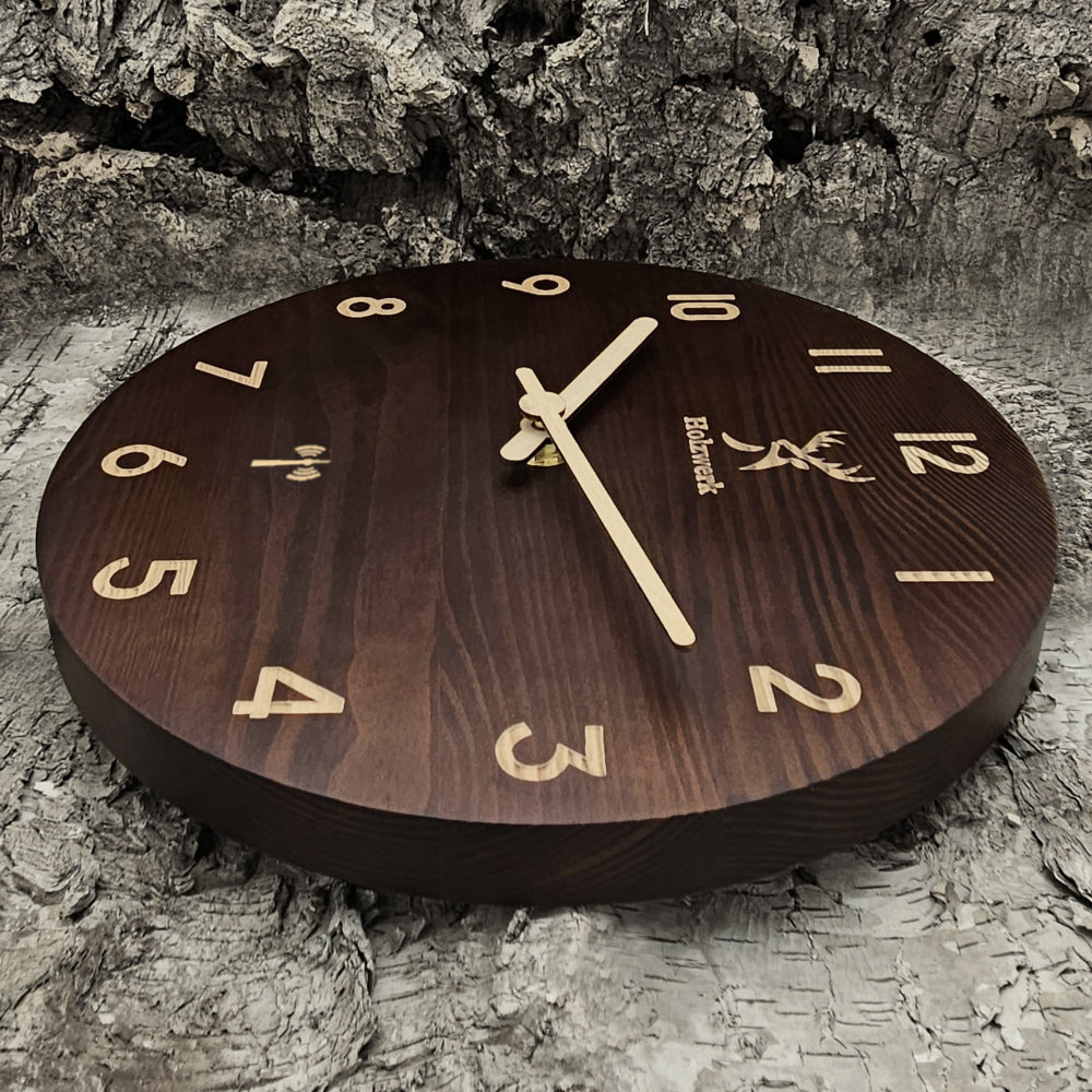 Holzwerk WINTERBERG  Holz Funkwanduhr, moderne Designer Quarz Wanduhr, 25 cm Holz Funk Wand Uhr lautlos ohne Tick Geräusche, braun, beige, Hauptbild, rechts liegend