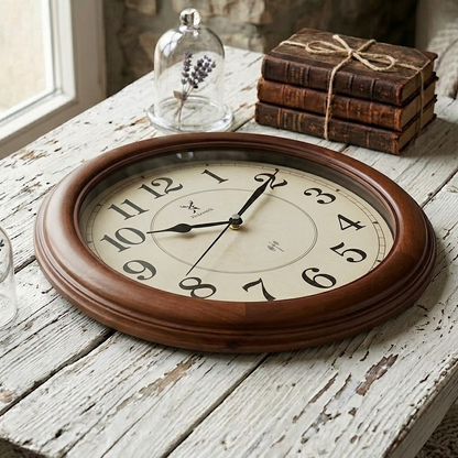 Holzwerk WITTENBURG (FUNK) 35 cm robuste vintage Holz-Funk Wanduhr aus Vollholz in Beige und Braun, platziert auf Holz