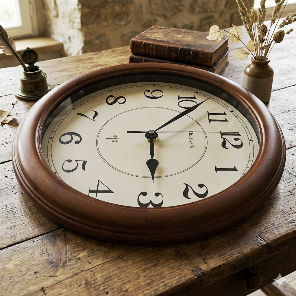 Holzwerk WITTENBURG (FUNK) 35 cm robuste vintage Holz-Funk Wanduhr aus Vollholz in Beige und Braun, Seitenansicht rechts