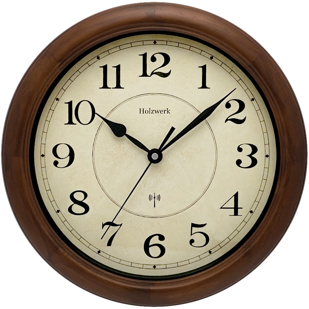 Holzwerk WITTENBURG (FUNK) 35 cm robuste vintage Holz-Funk Wanduhr aus Vollholz in Beige und Braun mit Metallzeigern als Frontansicht