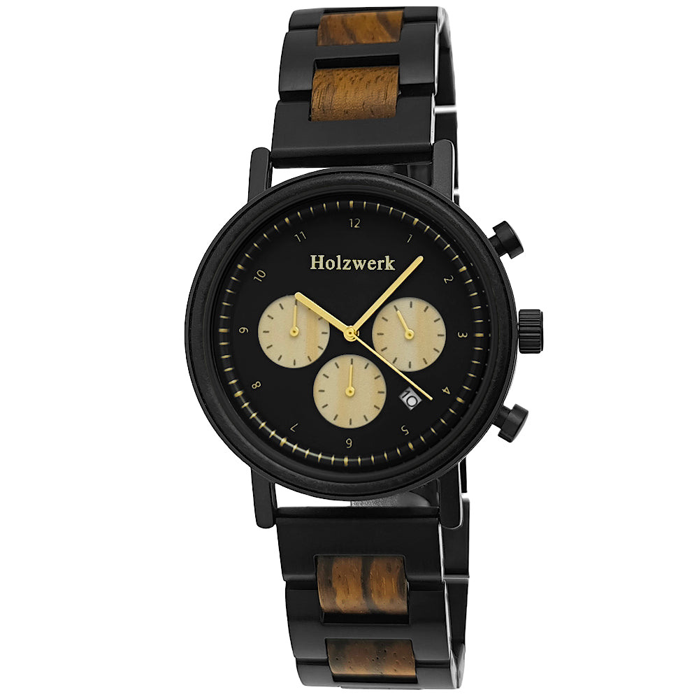 Holzwerk WORMS Holz Uhr Chronograph mit Datum, schwarz, braun, beige