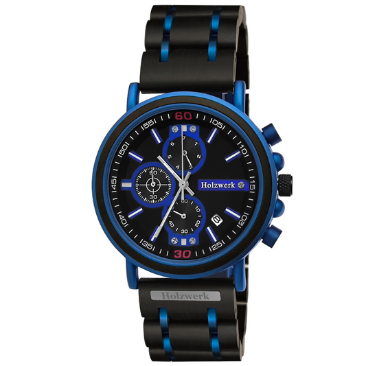 Holzwerk men's watch wooden chronograph with date in black and blue