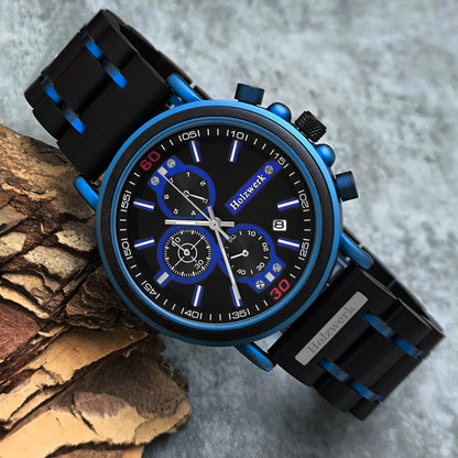 Reloj de hombre Holzwerk cronógrafo de madera con fecha en negro azul