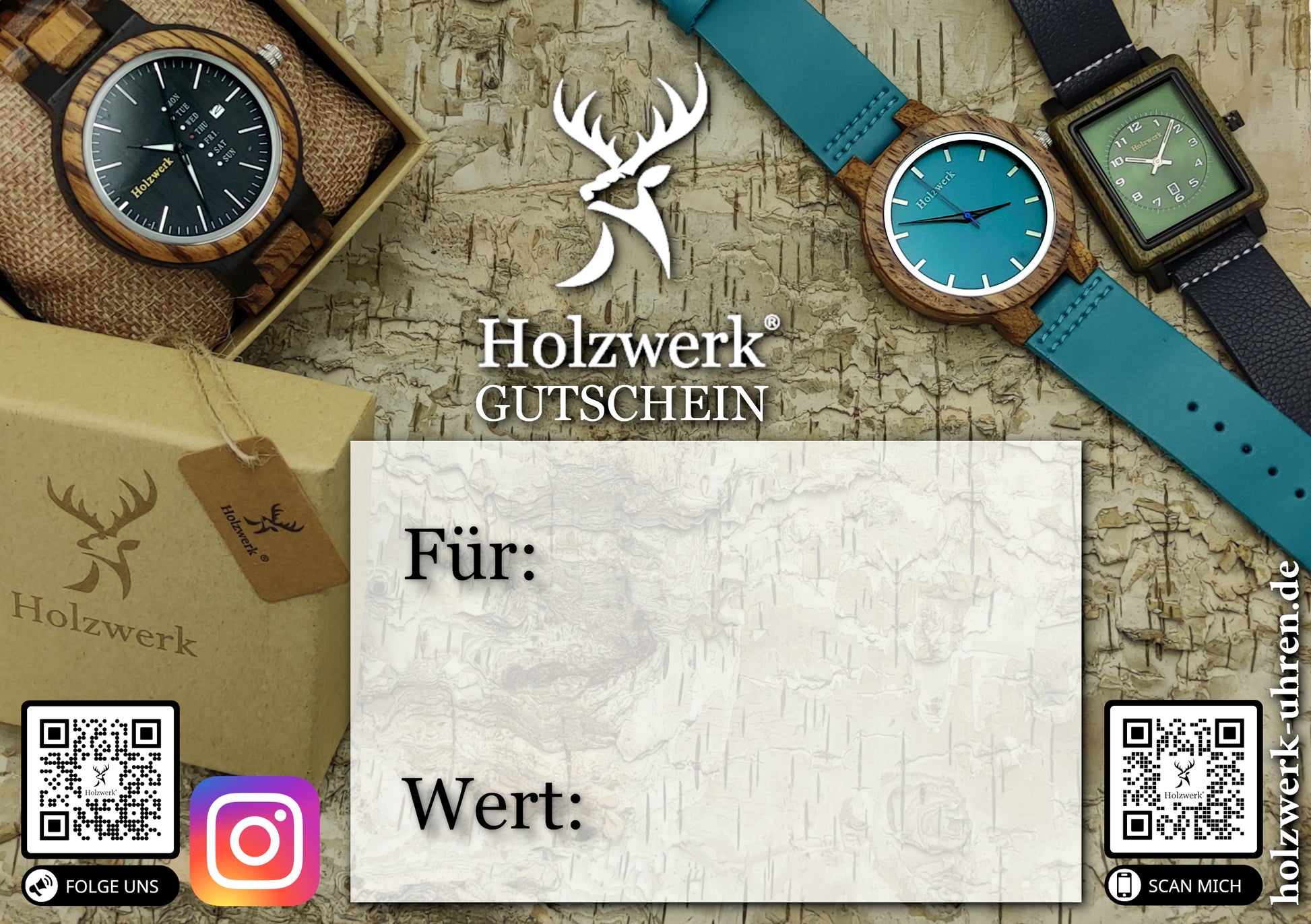 Holzwerk digitaler Geschenkgutschein für Uhren und Armbänder, Wanduhren und co. einlösbar im Holzwerk Onlineshop