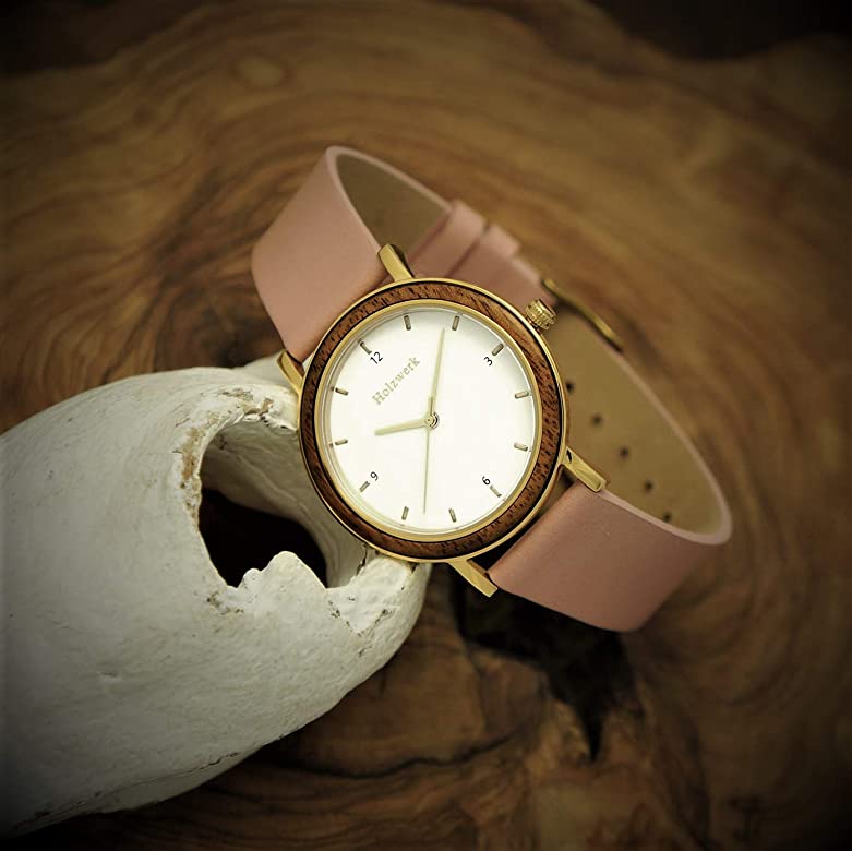 Holzwerk ERLANGEN runde Damenuhr mit gold-braunem Gehäuse, weiß-goldenem Zifferblatt und  rosa Lederarmband, Seitenlage links