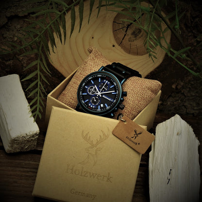 Holzwerk Herrenuhr Holz Chronograph mit Datum in Schwarz Blau