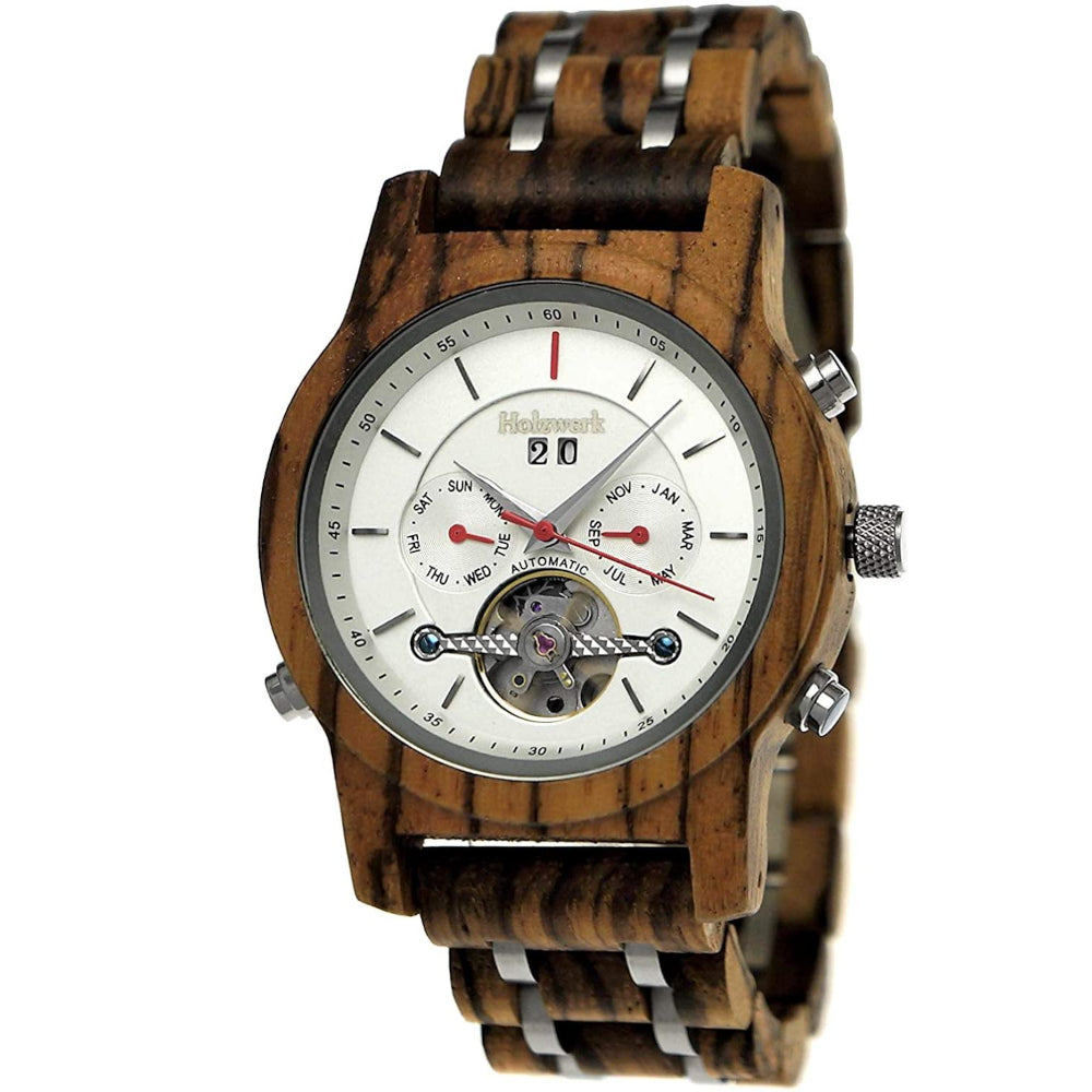 Holzwerk DEIDESHEIM Automatik-Uhr mit 40 mm Gehäuse sowie offener Unruhe und Anzeige für Datum, Wochentag und Monat, Frontal