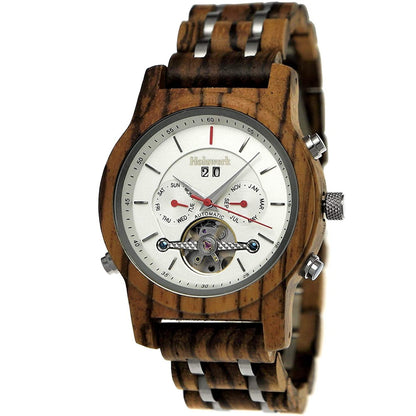 Holzwerk DEIDESHEIM Automatik-Uhr mit 40 mm Gehäuse sowie offener Unruhe und Anzeige für Datum, Wochentag und Monat, Frontal