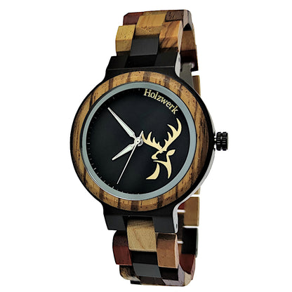 Holzwerk kleine Damen Holzuhr Designer Uhr mit Hirsch Logo Braun Beige Schwarz