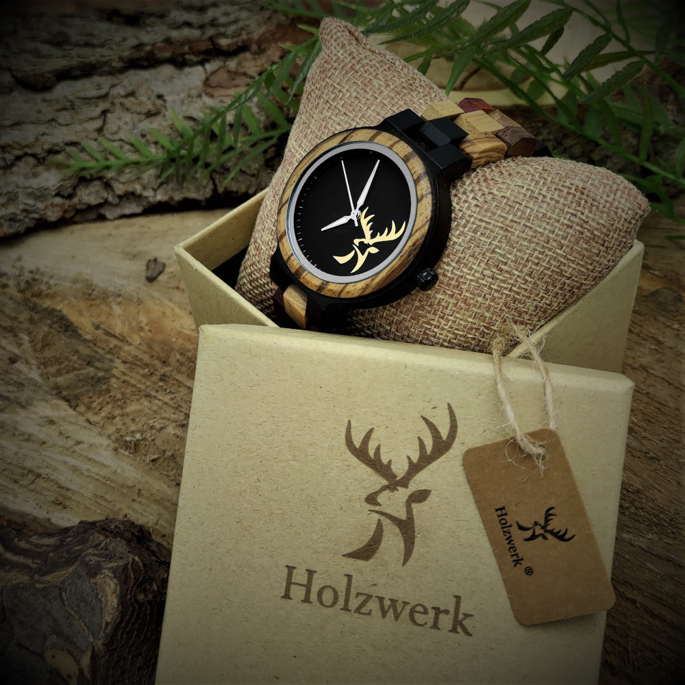 Holzwerk kleine Damen Holzuhr Designer Uhr mit Hirsch Logo Braun Beige Schwarz