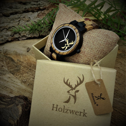 Holzwerk kleine Damen Holzuhr Designer Uhr mit Hirsch Logo Braun Beige Schwarz