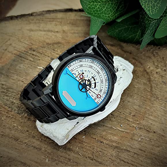 Holzwerk CHAM Automatik-Uhr in anthrazit-schwarz mit Holzring, weiß-hellblauem Ziffernblatt mit offener Unruhe, Seitenlage rechts