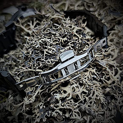 Holzwerk CHAM Automatik-Uhr in anthrazit-schwarz mit Holzring, weiß-hellblauem Ziffernblatt mit offener Unruhe, Detailansicht der Faltschließe