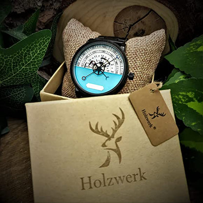 Holzwerk CHAM Automatik-Uhr in anthrazit-schwarz mit Holzring, weiß-hellblauem Ziffernblatt mit offener Unruhe in Holzwerk Verpackung