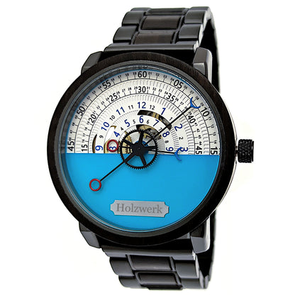 Holzwerk CHAM Automatik-Uhr in anthrazit-schwarz mit Holzring, weiß-hellblauem Ziffernblatt mit offener Unruhe, Frontal
