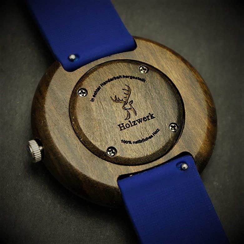 Holzwerk LAUBACH Damenuhr mit Holzgehäuse in Dunkelbraun sowie braunem Ziffernblatt und blauem Silikonarmband, Ansicht des Gehäusebodens