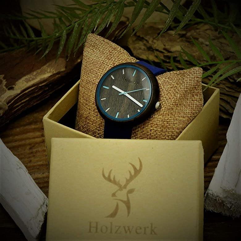 Holzwerk LAUBACH Damenuhr mit Holzgehäuse in Dunkelbraun sowie braunem Ziffernblatt und blauem Silikonarmband in Holzwerk Uhrenbox