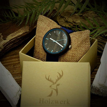Holzwerk LAUBACH Damenuhr mit Holzgehäuse in Dunkelbraun sowie braunem Ziffernblatt und blauem Silikonarmband in Holzwerk Uhrenbox