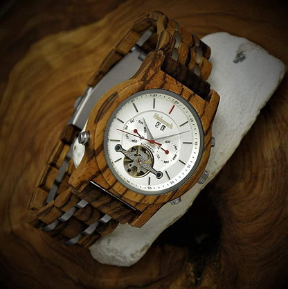 Holzwerk DEIDESHEIM Automatik-Uhr mit offener Unruhe und Anzeige für Datum, Wochentag und Monat, Seitenlage rechts