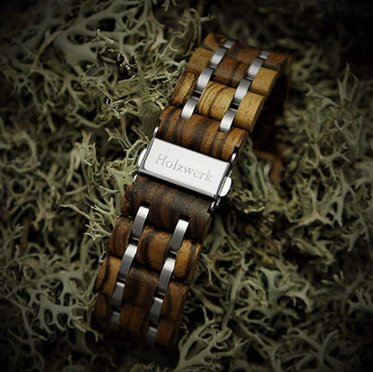 Holzwerk DEIDESHEIM Automatik-Uhr mit offener Unruhe und Anzeige für Datum, Wochentag und Monat, Detailansicht des Armbands