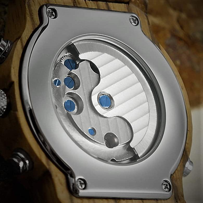 Holzwerk DEIDESHEIM Automatik-Uhr mit offener Unruhe und Anzeige für Datum, Wochentag und Monat, Detailansicht des Gehäusebodens