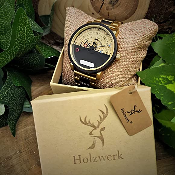 Holzwerk HERNE Automatik-Uhr in gold-schwarz mit Holzring, schwarz-goldenem Ziffernblatt mit offener Unruhe in Holzwerk Verpackung