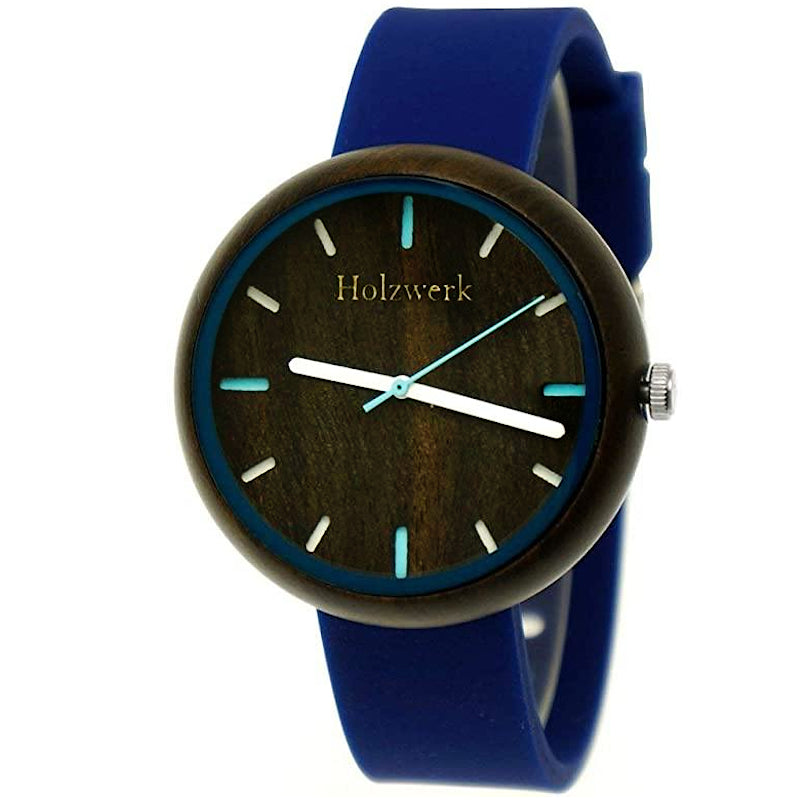 Holzwerk LAUBACH Damenuhr mit Holzgehäuse in Dunkelbraun sowie braunem Ziffernblatt und blauem Silikonarmband, frontal